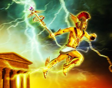 Hermes Yunan tanrılarının elçisi ve tüccarların koruyucuları, Cennetten hızla geçen gezginler, 3D. 