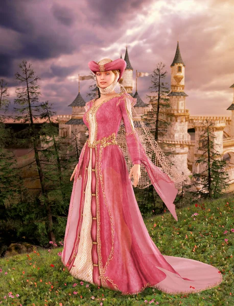 Enchanting Woman Medieval Fashion Dress Standing Front Fairytale Castle Render — Stockfoto