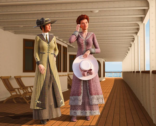 Two Women dressed in Edwardian travel suits on a promenade deck enjoying the great view of the ocean from a cruise liner, 3d render.