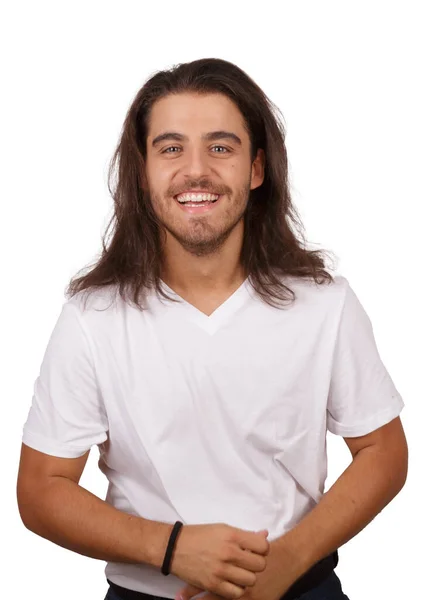 Young man in white T-shirt with white background making funny gestures — Fotografia de Stock