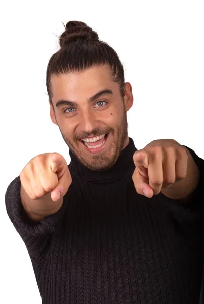 Man in black jersey with white background making funny gestures — Zdjęcie stockowe