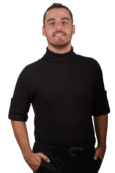 Man in black jersey with white background making funny gestures — Stock Photo, Image