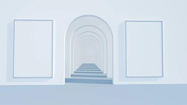 Tünel ve gölgeli beyaz kemerlerin arka planı. 3B görüntüleme.