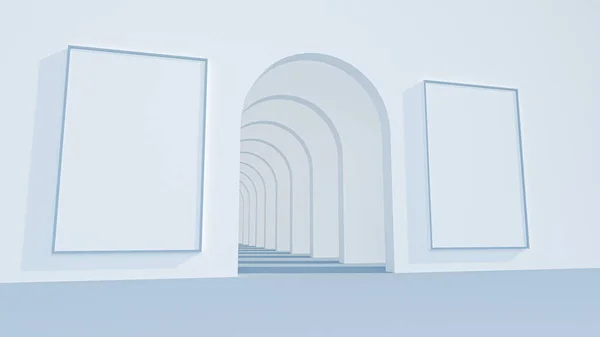 Background of white arches with tunnel and cast shadows. 3D rendering. Stock Picture