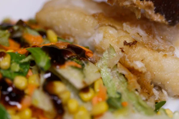 Close-up de uma chapa de bacalhau frito com salada variada — Fotografia de Stock