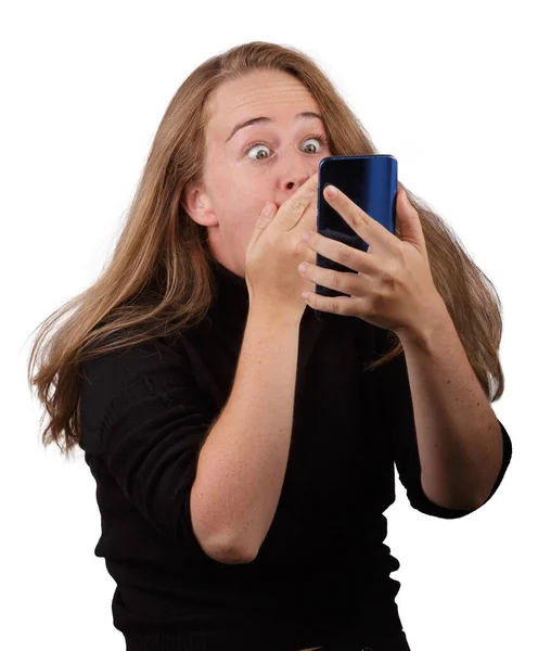 Menina Loira Jovem Sorrindo Com Telefone Celular Mão Vestindo Jumper — Fotografia de Stock