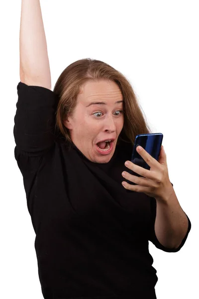 Excited Smiling Young Blonde Woman Mobile Phone Hand Wearing Black — Stock Photo, Image