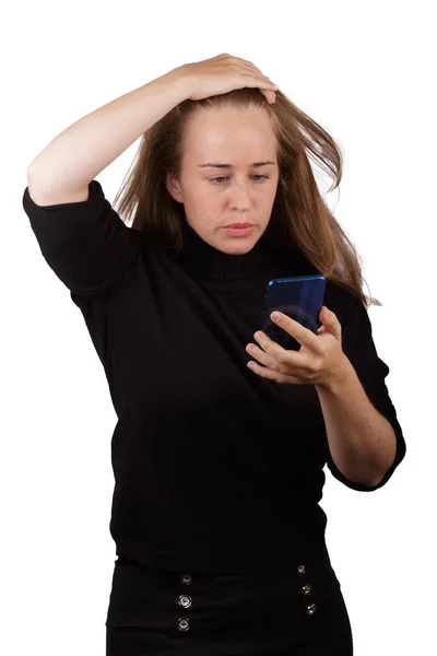 Menina Loira Jovem Sorrindo Com Telefone Celular Mão Vestindo Jumper — Fotografia de Stock