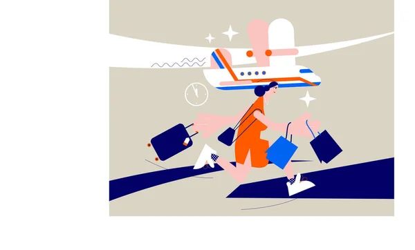 A woman with luggage runs at the last minute to the plane before leaving e foreign trip.