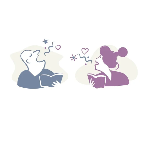 Mr. and Mrs. reading a book aloud. A drawing depicting the idea of reading and sharing reading.