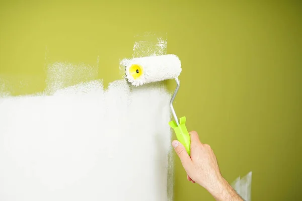 Male decorator painting wall with roller indoors. Painting work.