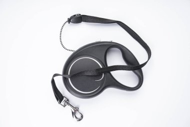 Beyaz arka plandaki köpekler için geri çekilebilir tasma, üst görünüm.