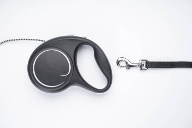 Beyaz arka plandaki köpekler için geri çekilebilir tasma, üst görünüm.