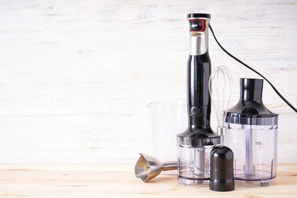 Black Plastic Electrical Hand Blender Stainless Steel Body Accessory Wooden — Stock Photo, Image