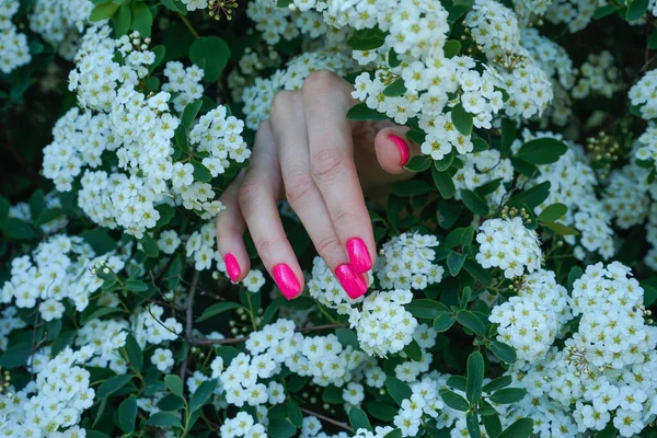 Ženská Ruka Krásná Manikúra Pozadí Kvetoucích Květin — Stock fotografie