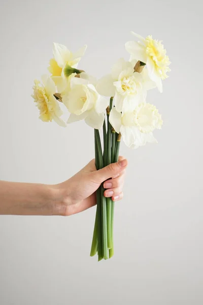 Krásná Kytice Čerstvě Žlutých Květin Narcisů Ruce Mladé Ženy Bílém Stock Snímky