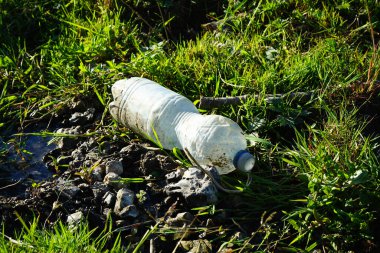 Garbage concept. Environmental pollution, plastic bottle in spring water. 