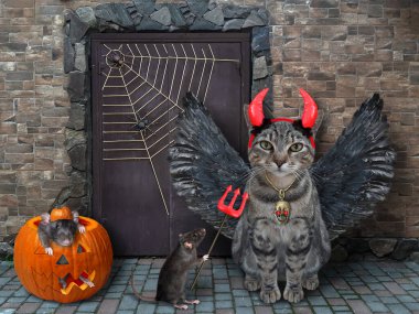 Şeytan boynuzları içinde kanatlı gri bir kedi ve kara fareler Cadılar Bayramı için eski bir kalenin kapısını koruyorlar..
