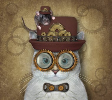 Kül kedisi Steampunk şapka, metal papyon ve gözlük takar. Bej arkaplan.