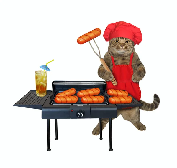 Beżowy Kot Czerwonym Kapeluszu Szefa Kuchni Fartuch Widelcem Grilla Gotuje — Zdjęcie stockowe