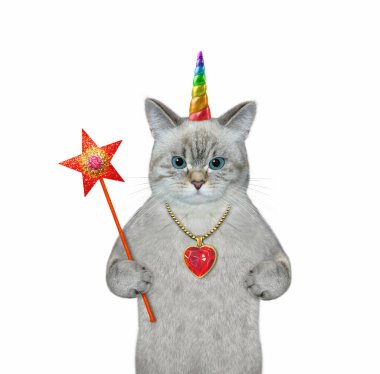 Sihirli değnekli bir tek boynuzlu at. Beyaz arka plan. İzole edilmiş.