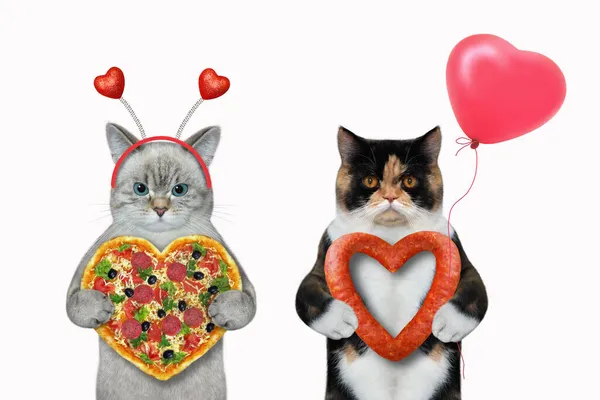 Zwei Katzen Essen Herzförmige Pizza Und Wurst Weißer Hintergrund Isoliert — Stockfoto