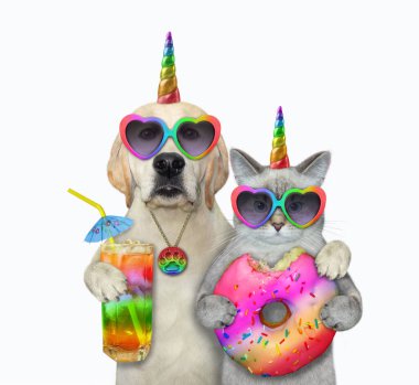 Kokteylli bir Dogicorn labrador, küllü bir Caticorn 'a donutla sarılıyor. Beyaz arka plan. İzole edilmiş.