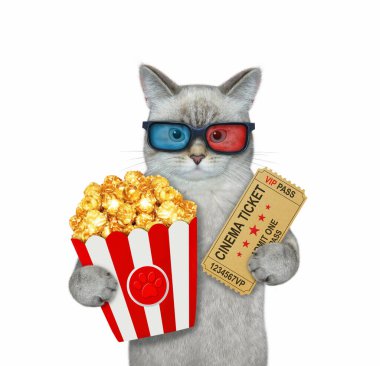 3D gözlüklü bir kedinin elinde sinema bileti ve patlamış mısır var. Beyaz arka plan. İzole edilmiş.