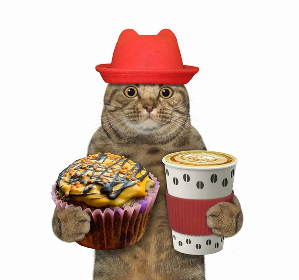 Beżowy Kot Czerwonym Kapeluszu Trzyma Pomarańczową Babeczkę Papierową Filiżankę Kawy — Zdjęcie stockowe
