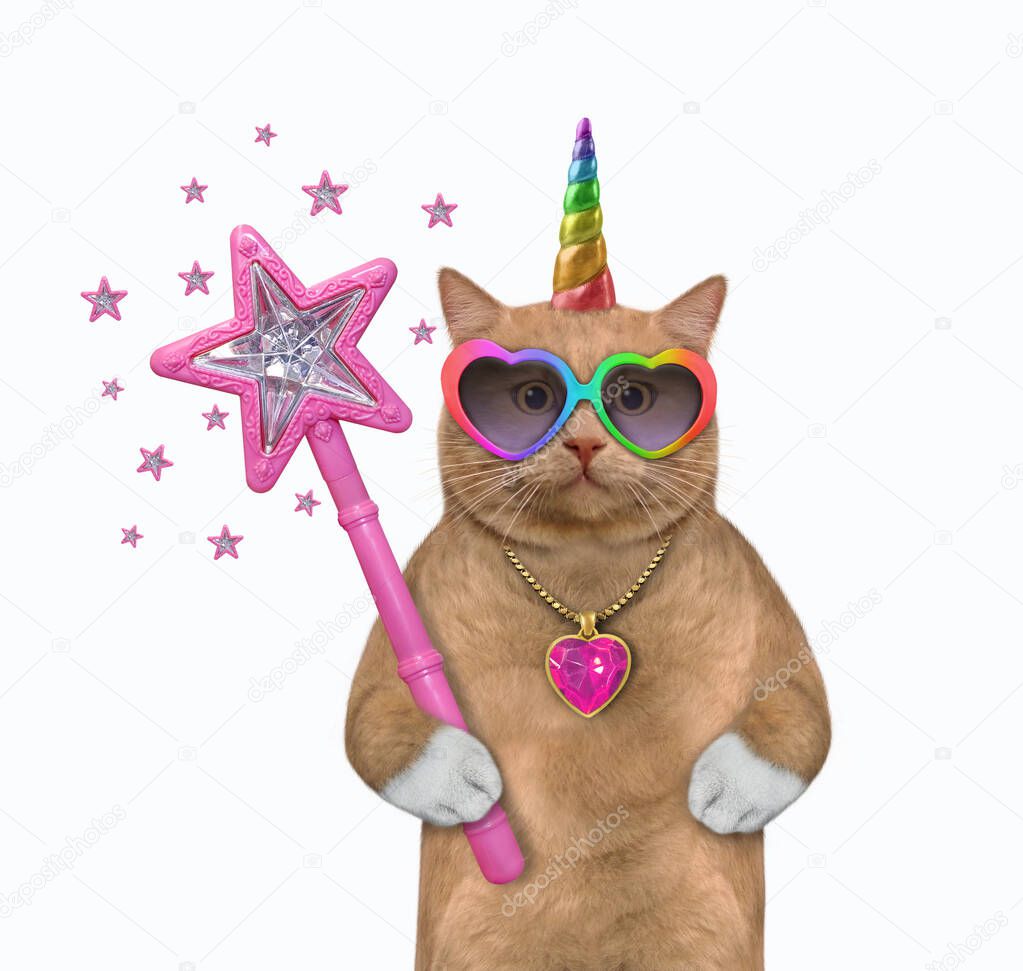 A reddish cat unicorn in sunglasses holds a magic wand. White background. Isolated.