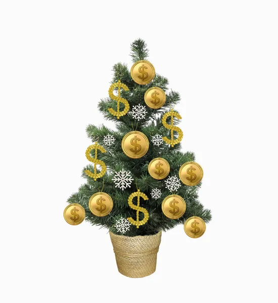 Albero Natale Decorato Con Dollari Oro Sfondo Bianco Isolato — Foto Stock