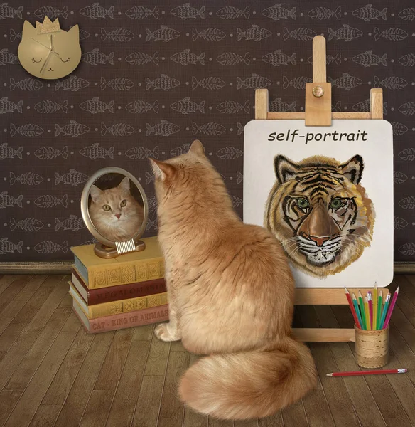 A ginger cat looks in a mirror near its self-portrait
