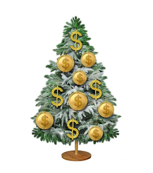 Albero Natale Decorato Con Dollari Oro Sfondo Bianco Isolato — Foto Stock