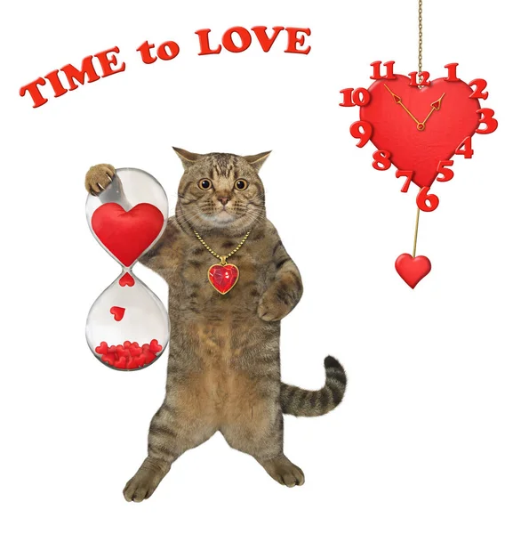 Een Beige Kat Heeft Een Romantische Zandloper Met Rode Harten — Stockfoto