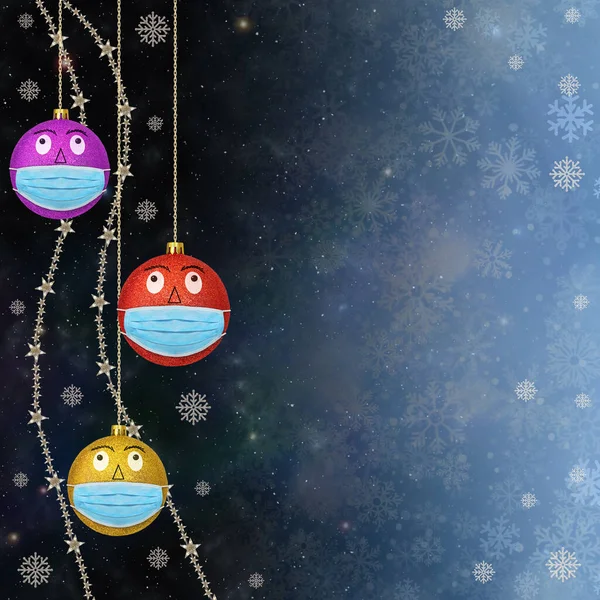 Christmas Balls Face Masks Garlands Night Star Background — Stock Photo, Image