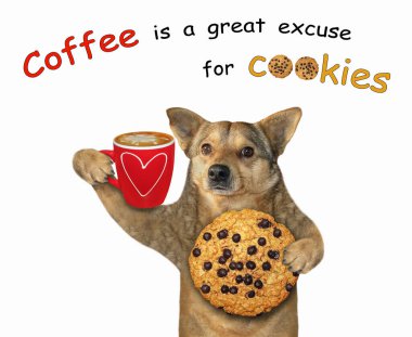 Bej renkli bir köpek bir kurabiye ve bir fincan kağıt kahve tutar. Beyaz arka plan. İzole edilmiş.