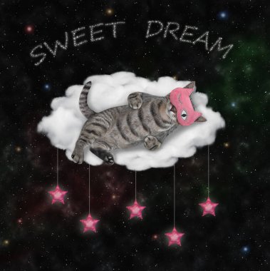 Uyku maskeli gri bir kedi yıldızlı gece gökyüzünün altında bir bulut yatağında uyur. Tatlı rüyalar..