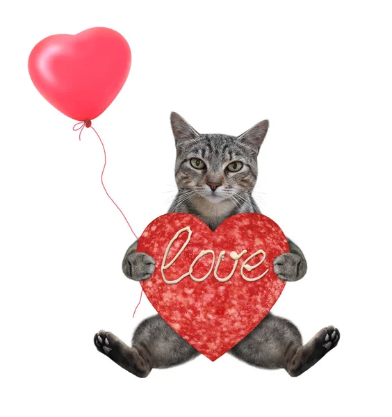 Gray Cat Sits Heart Shaped Sausage Red Balloon White Background — Stock Photo, Image
