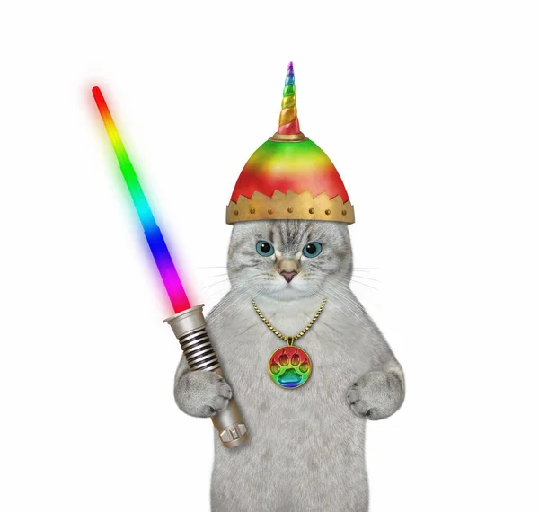 Popelavý Kočičí Válečník Přilbě Bojovým Mečem Bílé Pozadí Izolované — Stock fotografie