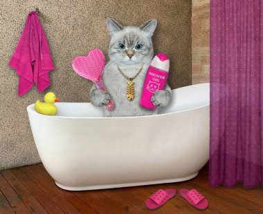 An ashen cat with a pink heart shaped hairbrush and shampoo takes bath.