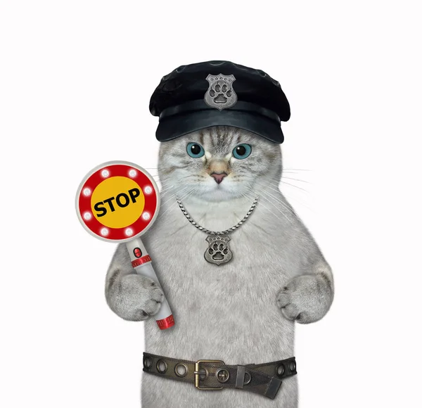 一个头戴黑色帽子 脖子上戴着警徽的灰蒙蒙的猫警察拿着一个停车标志 白色背景 被隔离了 — 图库照片