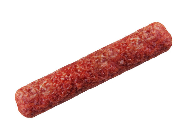 There is a dry dried sausage. White background. Isolated.