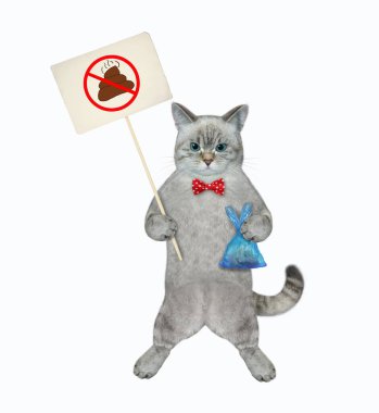 Kül kedisi, içinde kaka olan mavi bir plastik poşet ve evcil hayvanlarının arkasını temizleyin yazan bir yasak levhası tutar. Beyaz arka plan. İzole edilmiş.