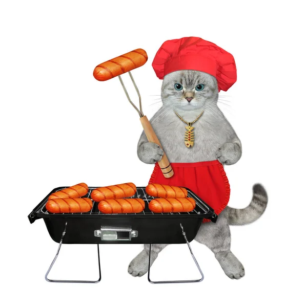 Gato Ashen Chapéu Chef Vermelho Avental Cozinha Salsichas Grelhadas Fundo — Fotografia de Stock