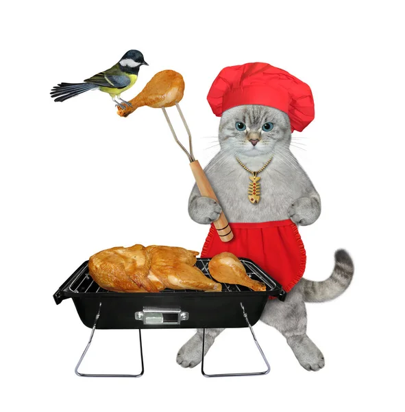 Chat Cendré Dans Chapeau Chef Rouge Tablier Cuisine Poulet Grillé — Photo