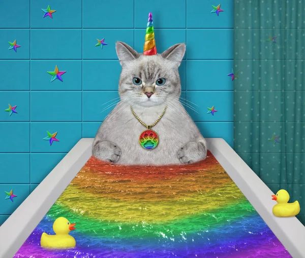 Ashen Caticorn Takes Rainbow Bath — Stock Photo, Image