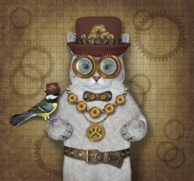 Bir kül kedisi steampunk kıyafeti giyer. Bej arkaplan.
