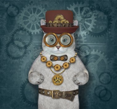 Bir kül kedisi steampunk kıyafeti giyer. Mavi arkaplan.