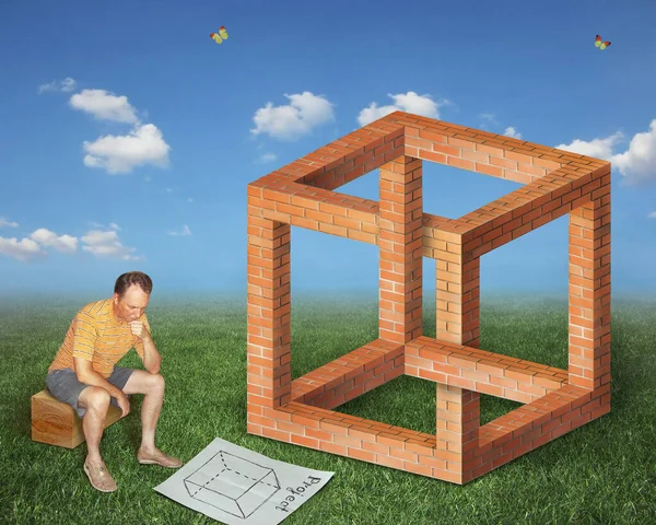 Homem Intrigado Olha Para Desenho Perto Cubo Tijolo Impossível Prado — Fotografia de Stock