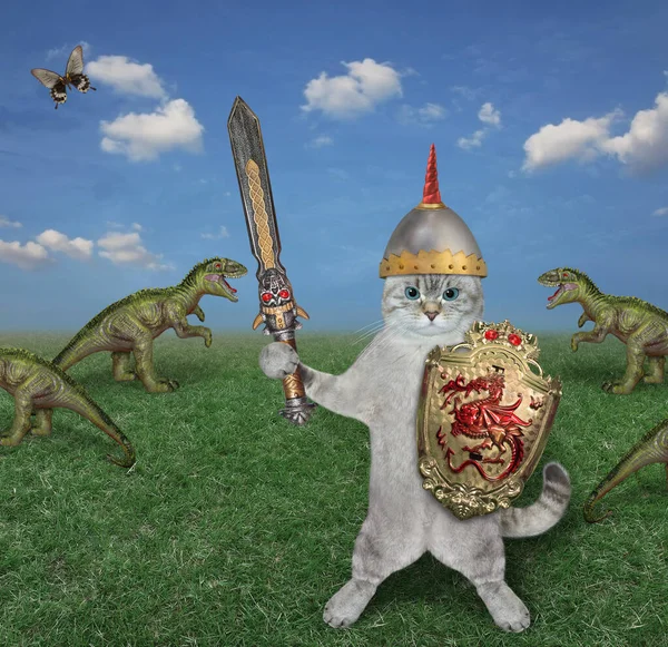 Ashen Cat Warrior Sword Shield Fights Dinosaurs Field — Stock Photo, Image